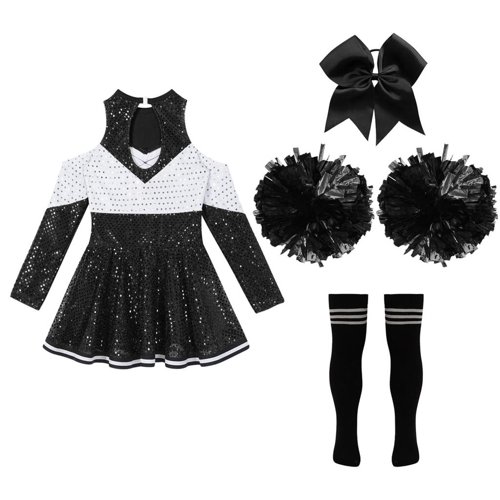 Костюм черлидинга для девочек, платье Cheer Leader с блестками и длинными рукавами, комплект с помпонами, вечеринка на Хэллоуин, день рождения