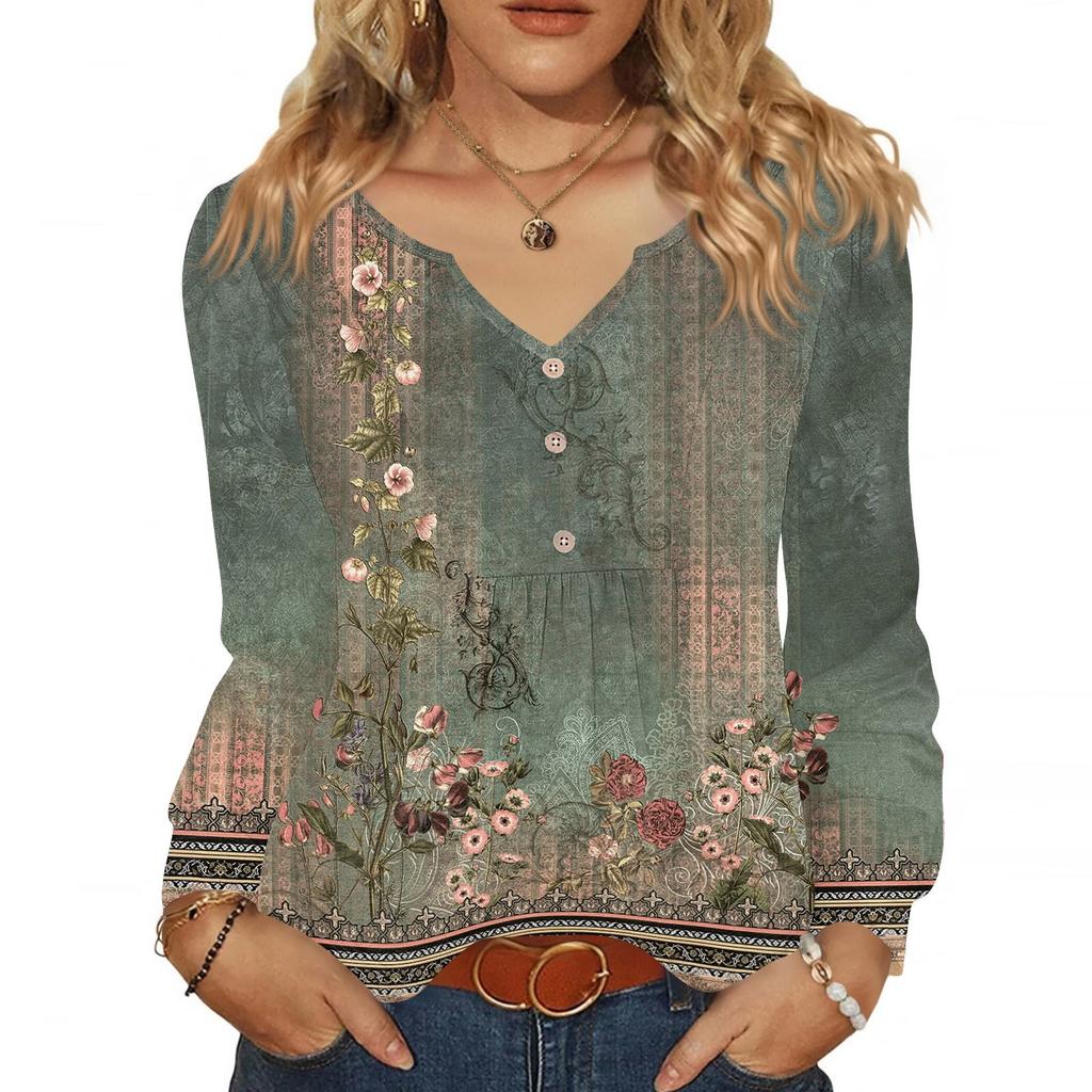 Женская модная повседневная блузка с V-образным вырезом на пуговицах, с длинным рукавом, пуловер, футболка, топ