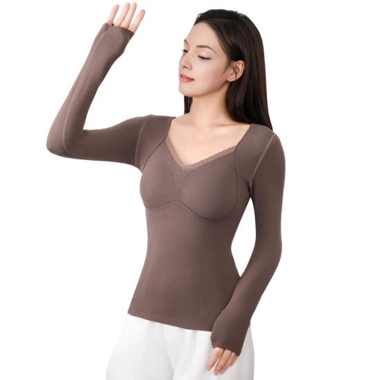Women Thermal Tops Solid Color V-Neck Long Sleeve Velvet Lining Seamless Elastic Bottom Tops Winter Thermal Blouse