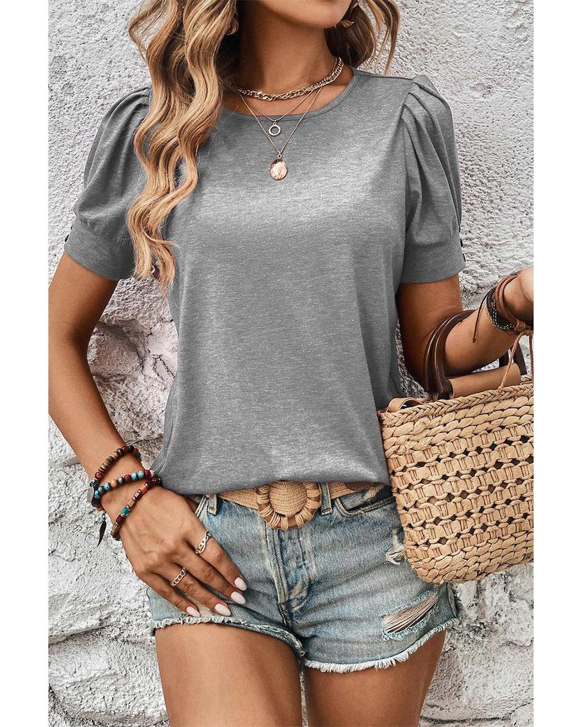 Azura Exchange Light Grey Pleated Puff Sleeve Knit Tee