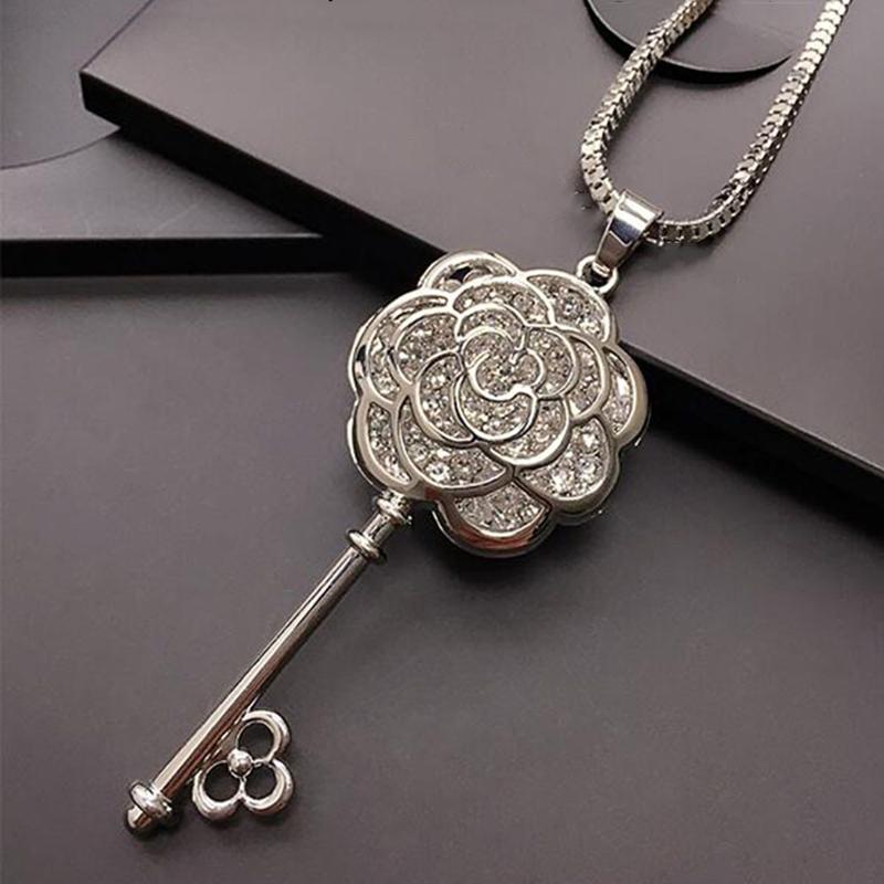 Изысканный кулон с ключом в виде розы, длинная цепочка, ожерелье, универсальная цепочка для одежды, женские украшения