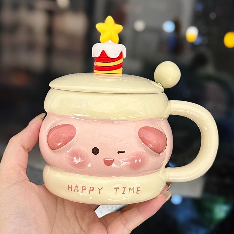 Cartoon Cute Sandwich Biscuit Ceramic Mug with Lid Spoon Cute Water Cup As A Gift for Girlfriends