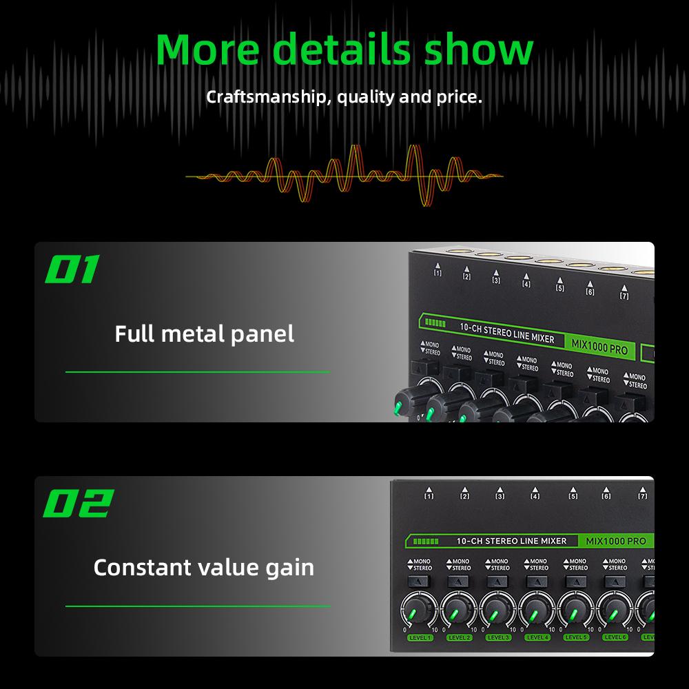 MIX1000PRO 10 Channel Sound Mixer Low Noise LED Sound Mixer for Sub-Mixing Stereo Switcher