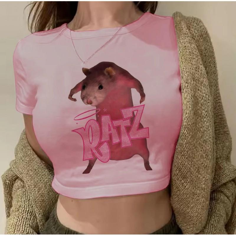 2026 Y2K Retro Crop Top Womens Short Sleeve T-Shirt Loose Fit Round Neck Casual Streetwear