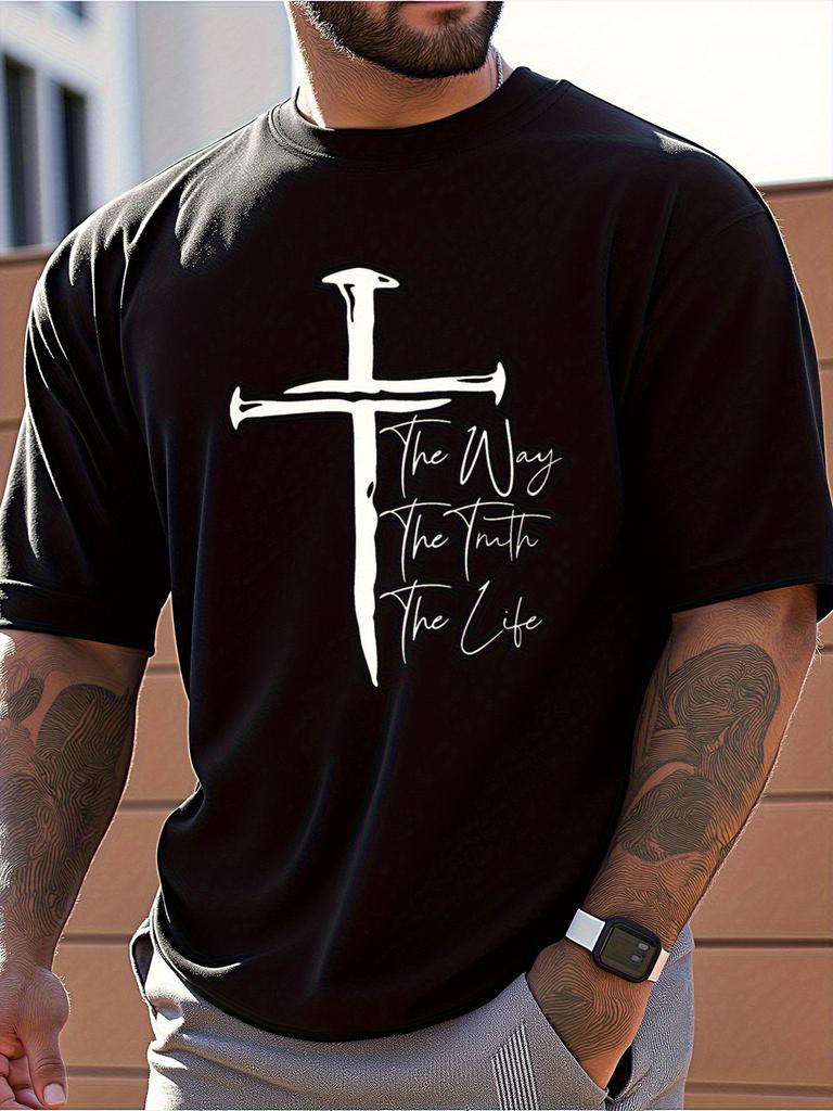 Mens Christian Faith Pattern Shirt Road Truth Life Cross Design Pure Cotton Breathable Short Sleeved Spring and Summer