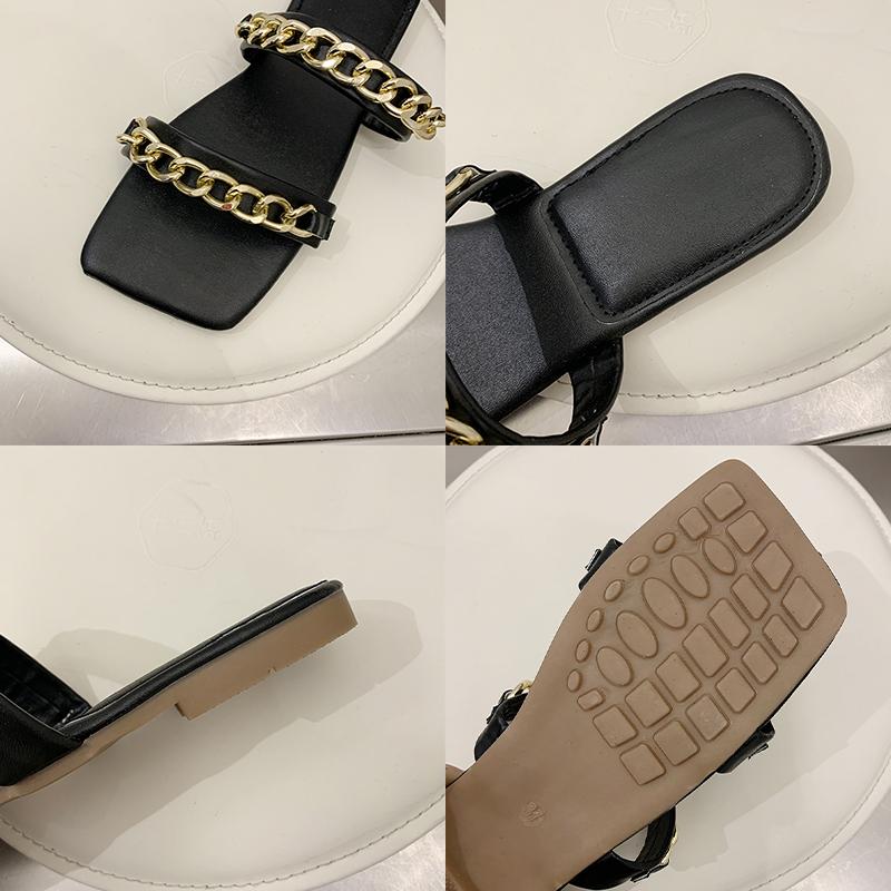 Chain Women Flats Slippers Designer Sandals New Square Toe Shoes Slingback Ladies Slides Summer Casual Women Flip -Flops