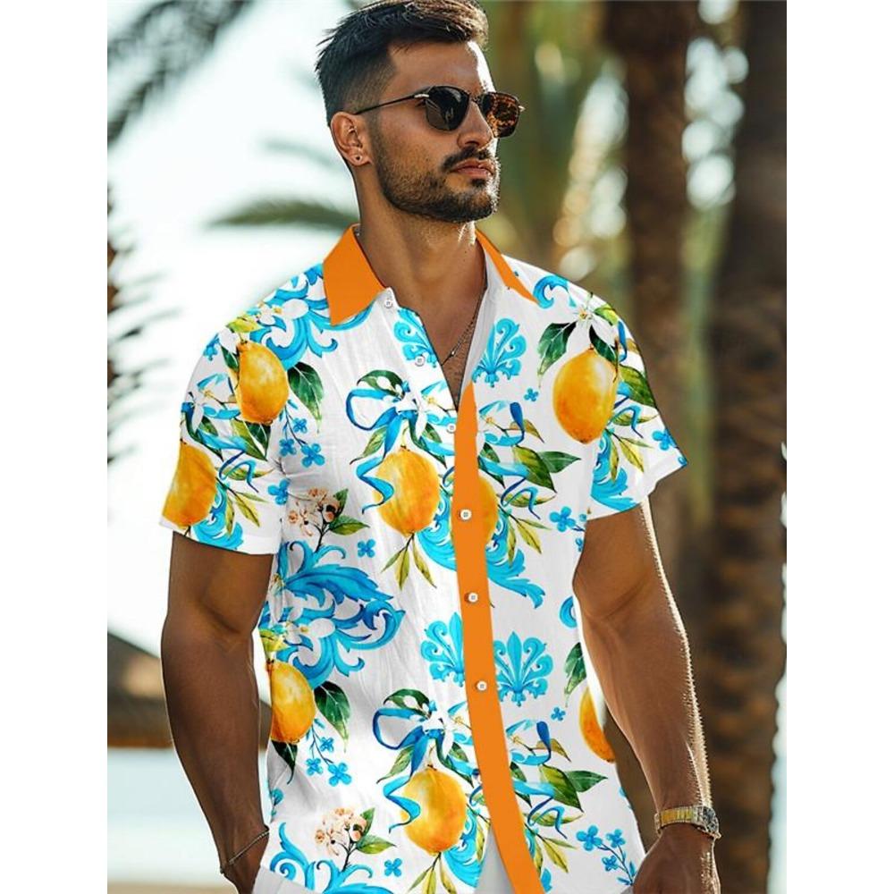 Лимонная Тропическая Мужская Рубашка-Гавайка с 3D-принтом, На пуговицах, С коротким рукавом, Летняя, Пляжная, Для отпуска, Повседневная