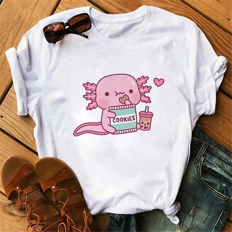 Смешная футболка с аксолотлем для женщин Relaxolotl Kawaii футболка с коротким рукавом женская одежда летние топы Y2k повседневная мультяшная графическая футболка