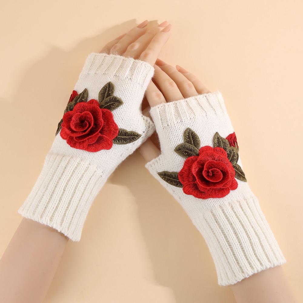 Vintage Embroidery Knitted Gloves Floral Fingerless Gloves Cute Crochet Flower Mittens Outdoor