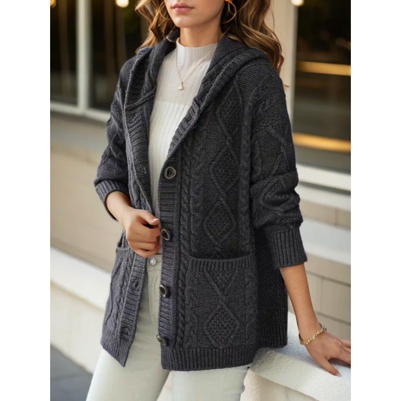 Tooxika Женская одежда 2024 Осень и зима Новый ретро жаккардовый однотонный вязаный кардиган женский повседневный свитер с капюшоном куртка