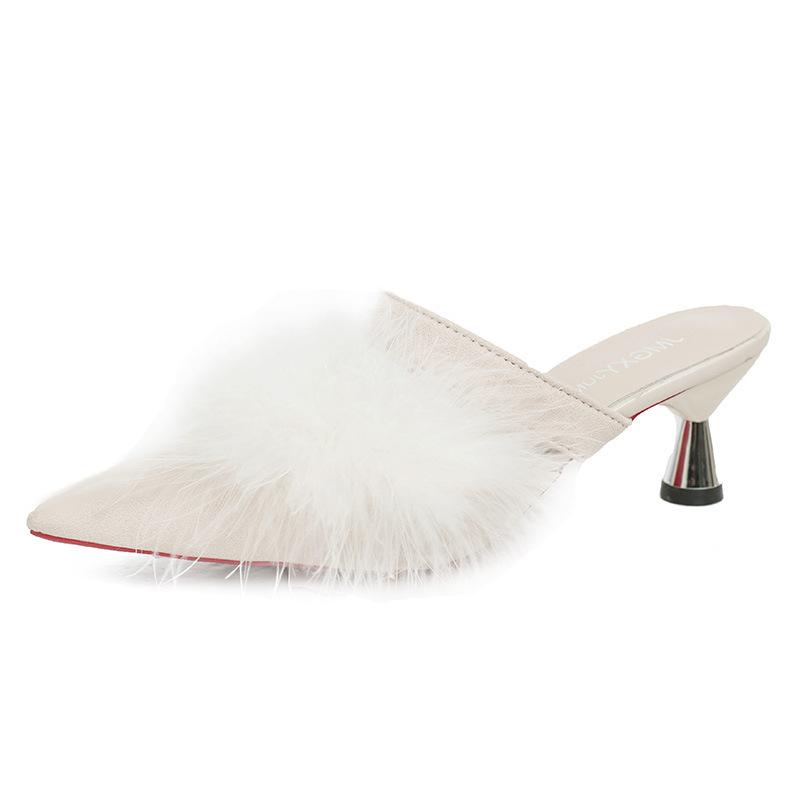 Утренние тапочки на тонком каблуке с высоким каблуком, маленькие размеры, пушистые, прохладные, женские, полудлинные, летние, универсальные, с острым носком, для невесты, осень