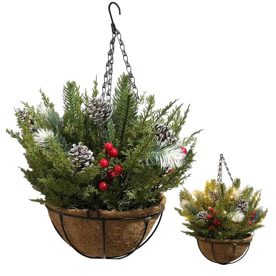 Рождественские подвесные корзины для улицы Предварительно освещенная искусственная корзина со светодиодными огнями Сосновые шишки Ягоды для праздничного декора крыльца и сада