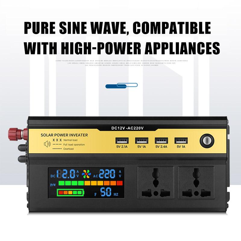 Pure Sine Wave Inverter 500W/1200W/1600W/2200W Car Inverter DC 12v/24v To AC 220V Voltage Transformer Power Converter Solar Inverter LCD Display 4 USB