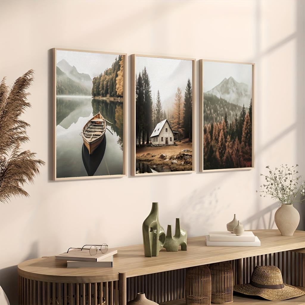 3pcs Lake Mural Landscape Wall Art Poster, Natural Nordic Photography Decoration Painting,Gallery Hanging Painting unframe