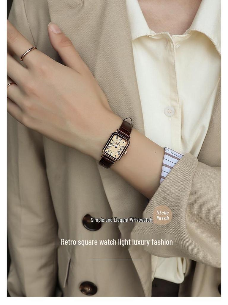 Rscy Ретро Женские Кварцевые Часы из Натуральной Кожи с Маленьким Квадратным Циферблатом – Легкая Роскошь и Нишевый Дизайн Высокого Класса