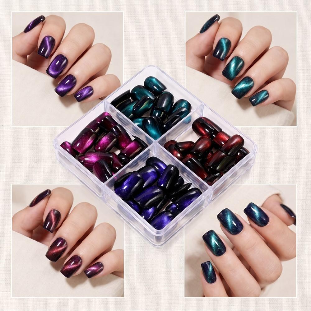 96pcs/box 4colors Glossy Glitter Cat Eye French False Nails Short Square Cat Eye Press On Nails Full Cover Acrylic Fake Nails &3
