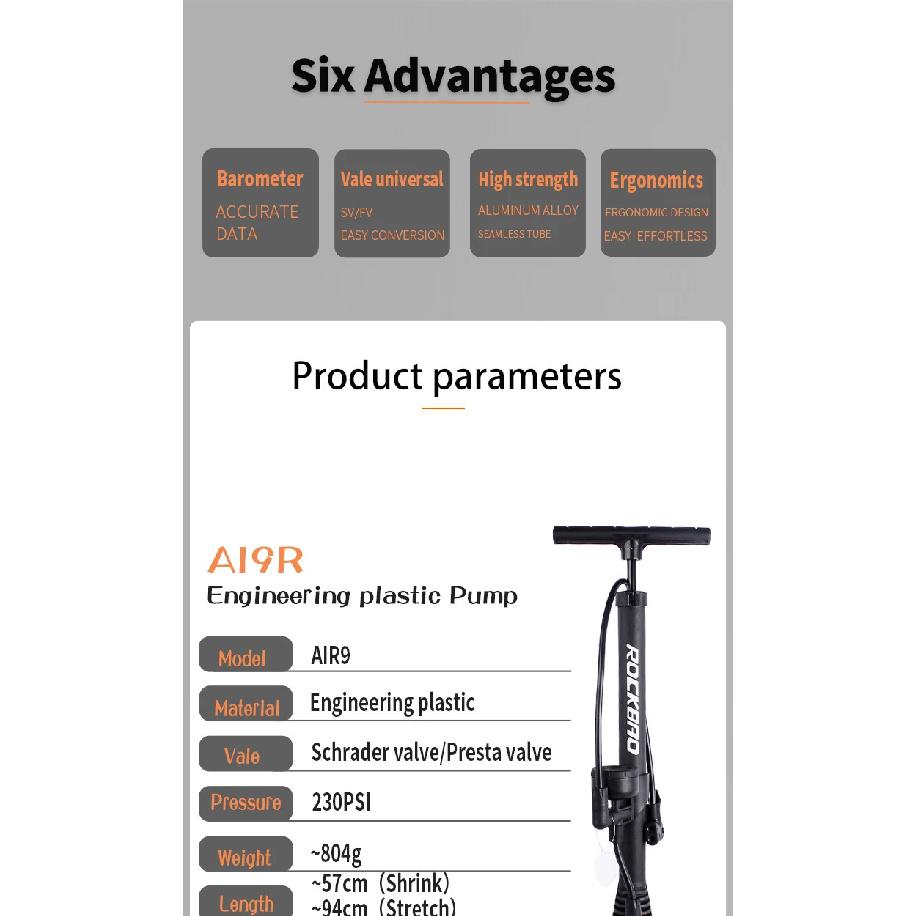 ROCKBAO Bicycle Pump 230PSI High Pressure Motorcycle Pump Bike Parts Road Tire Air Pump Schrader Presta Valve Electric Bike Pump