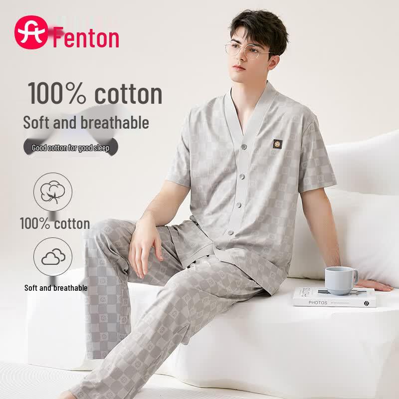 Мужской комплект пижамы Fenteng из чистого хлопка в клетку, с коротким рукавом и воротником