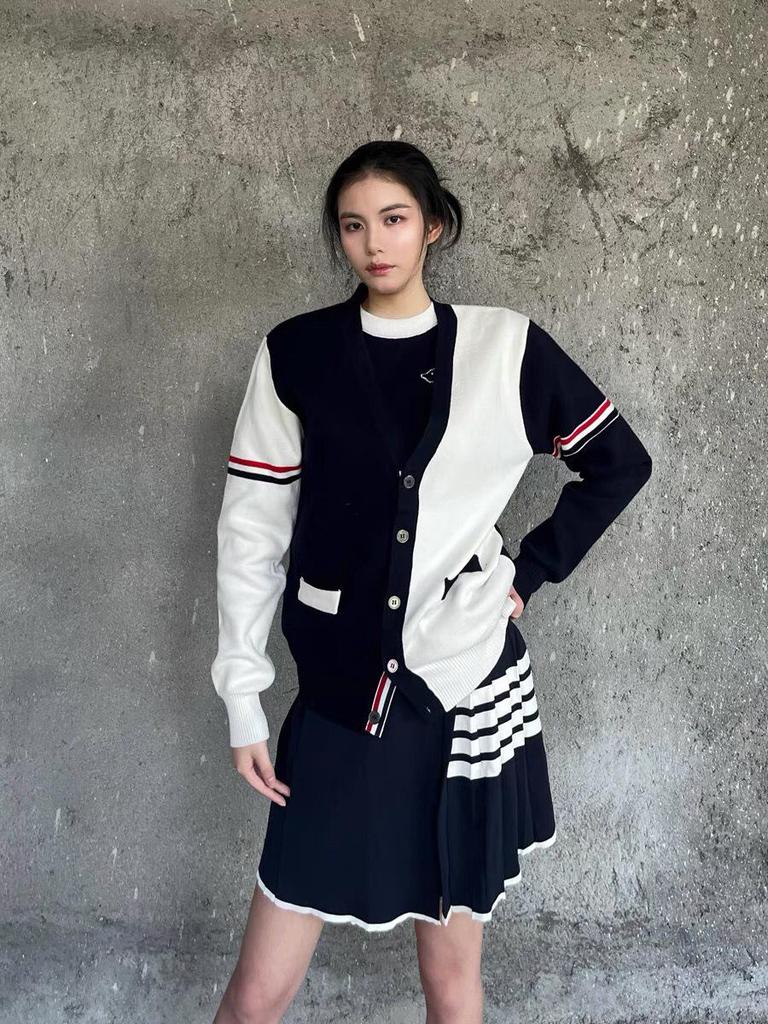 Autumn/Winter Unisex Double Sleeve Cotton Cardigan – Red, White & Blue Color Block with Five Buttons