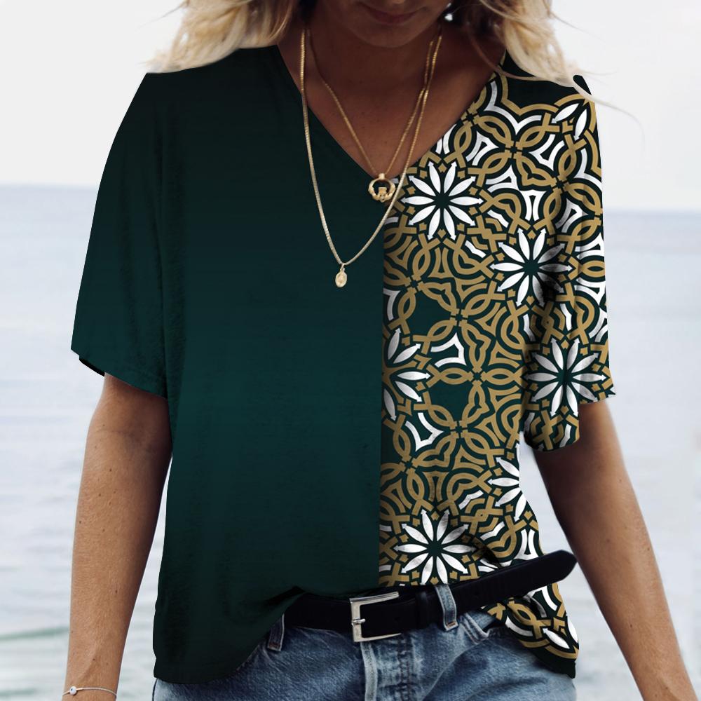 2023 Новая женская одежда, летняя футболка с принтом, топы с короткими рукавами и градиентом мандалы, пуловер с v-образным вырезом, футболки, повседневная уличная одежда, большие размеры 5XL