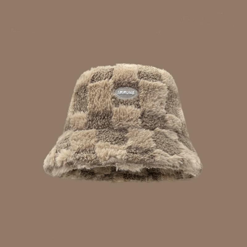 Lamb wool plaid fisherman's hat Children's autumn and winter thickened thermal basin hat Show face Young student couple bucket hat