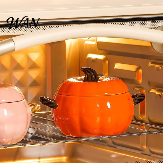 Handled Soup Bowl with Lid Pumpkin And Double Handle, Microwave Safe Decorative Practical Kitchen Gift for Home Ceramic Bowl, Heat Resistant Pot Stews