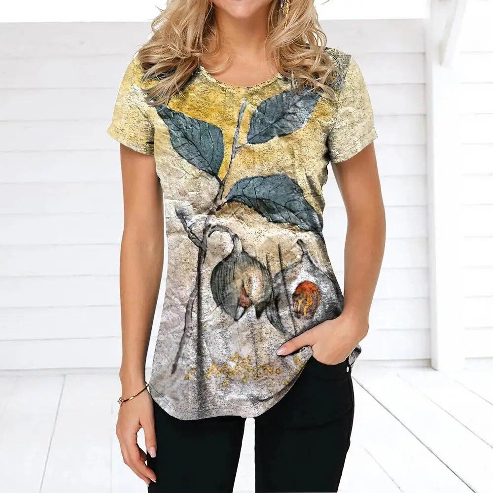 Летняя женская футболка в стиле ретро с цветочным принтом, повседневная повседневная футболка, обычный пуловер для женщин, женская одежда с коротким рукавом и круглым вырезом