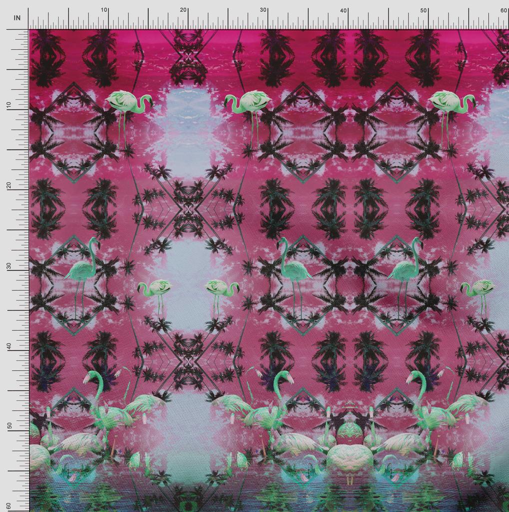 Soimoi Японский креп-сатин Пальма | Ткань с принтом в виде панно и фламинго 1 метр 42 дюйма