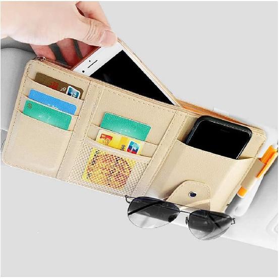 Car Sun Visor Organizer, Auto Car Interior Leather Accessories Storage Pocket Sun Visor Pouch Case Bag for Card License Registration Pen Mobile Phone