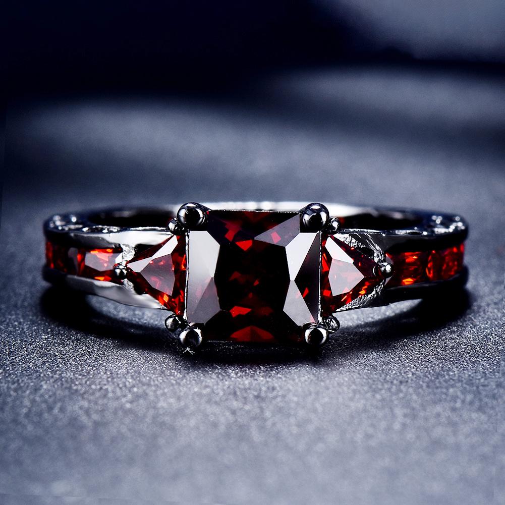 1 Pc Black Golden Color Princess Cut Red Stone CZ Claw Rings Wedding Band Jewelry Valentine's Day Gifts