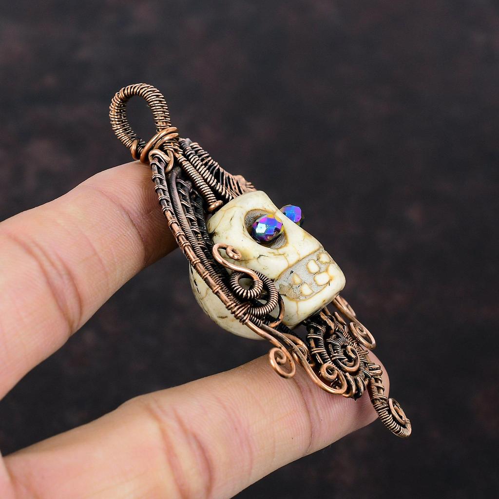 Подвеска из говлита, медная проволока, обернутая подвеска, череп, кость, кулон для лица, титановая бусина, глаза, ювелирные изделия, кулон с драгоценным камнем, ювелирные изделия из медной проволоки ручной работы