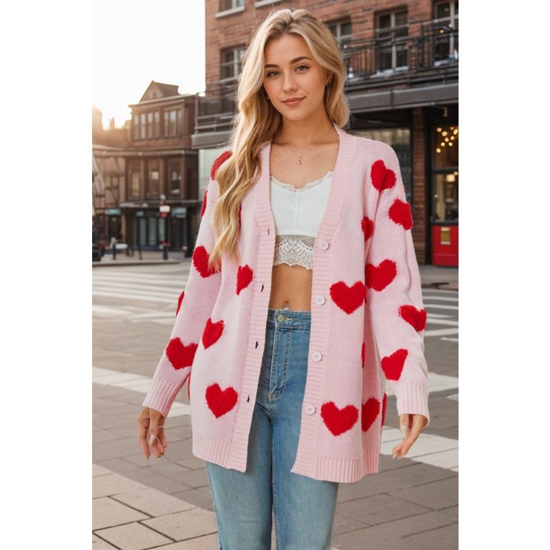 Autumn and Winter Women's Plus Size Sweater Valentine's Day Love Knitted Cardigan V-Neck Button Mid-Length Jacket