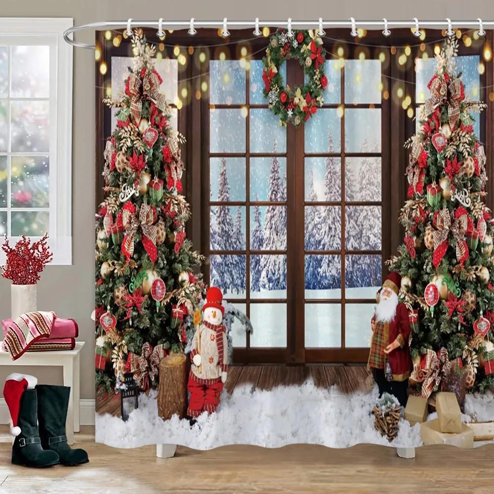 Рождественская вечеринка Занавески для душа Камин Рождественская елка и подарки Снеговик Снежная сцена Моющаяся занавеска для душа Арт Декор для ванной