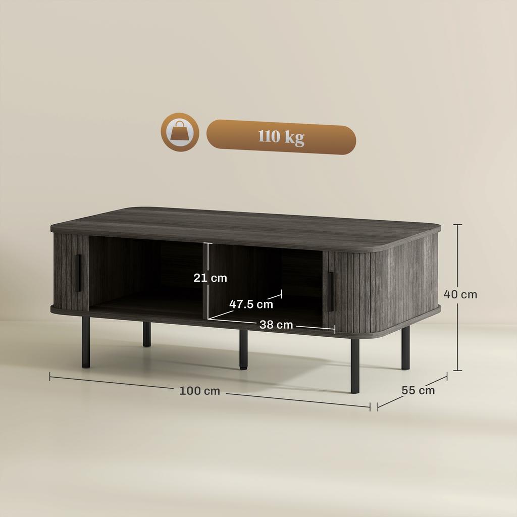 Coffee Table with Storage, Living Room Table with Slatted Tambour Sliding Doors and Foot Pads