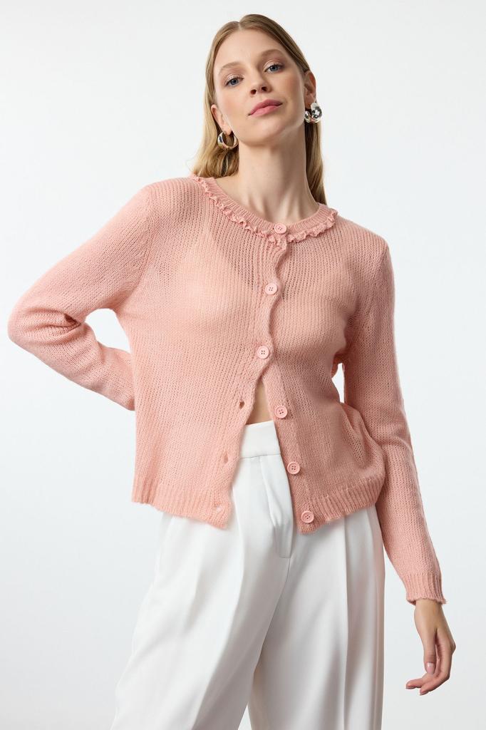 Women's Fashion Stylish Cardigan Pink Soft Textured Tulle Embroidered Knitwear Cardigan