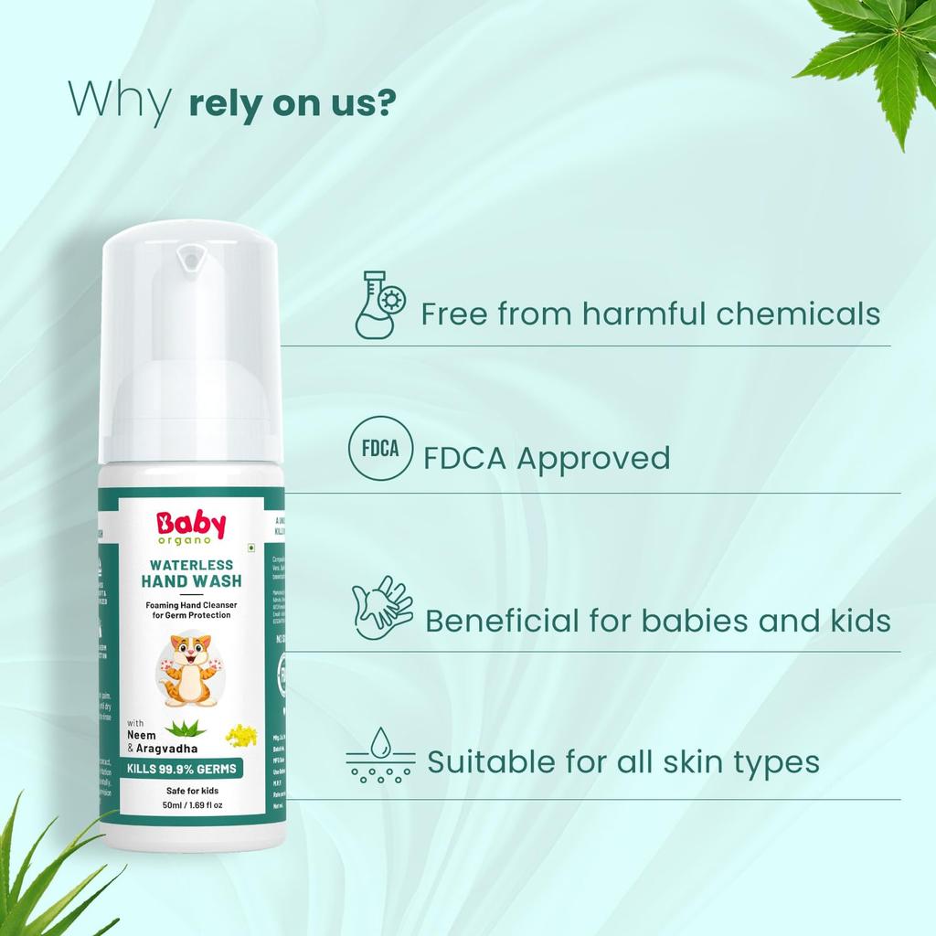Babyorgano Non Alcoholic Foam Based Waterless Handwash for Kids, 100% Natural and Germ Protection Goodness of Aragvadha, Aloe Vera and Neem - 50ml