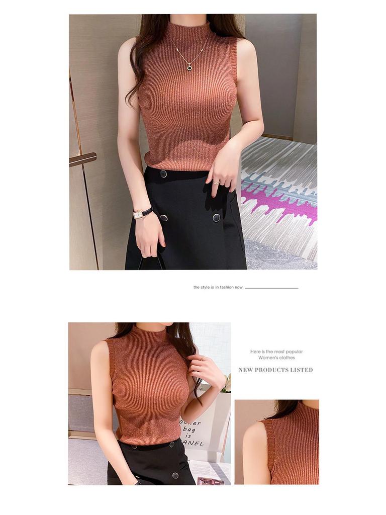 Стильный блестящий шелковый топ с полувысоким воротником, без рукавов, приталенного кроя