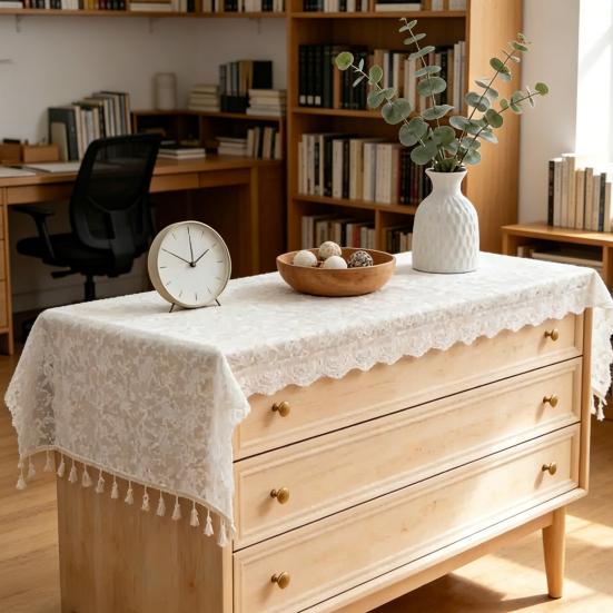 Lace Table Runner, Embroidery Floral Lace Table Cover with Tassel for Wedding, Afternoon Tea, Party Decor, Piano Top Cover