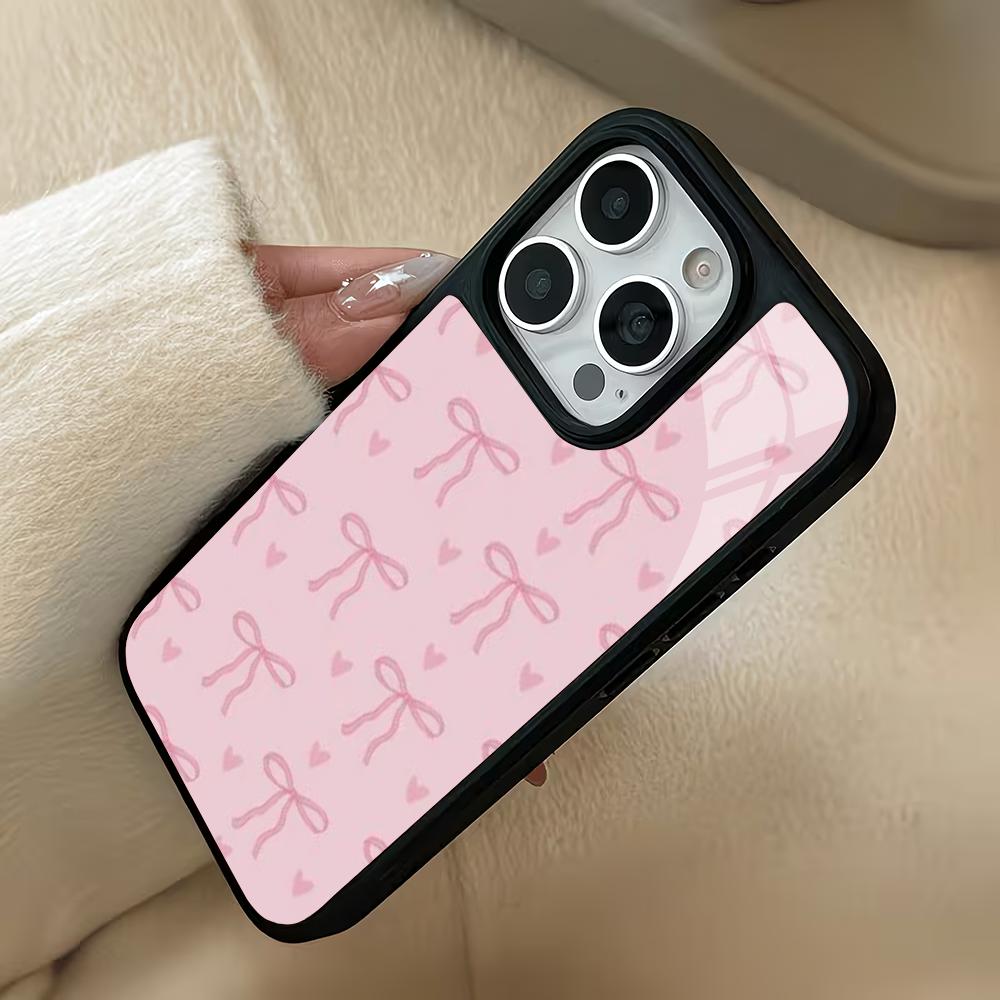 Pink bow design glass phone case suitable for iPhone 17 16 15 14 13 12 11 Pro/Max/Plus anti drop and shockproof back cover