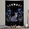 Grey Cat Blue Roses Tapestry Wall Hanging Moon Phases Stars Witchy Aesthetic Wall Art Bedroom Living Room Dorm Decor