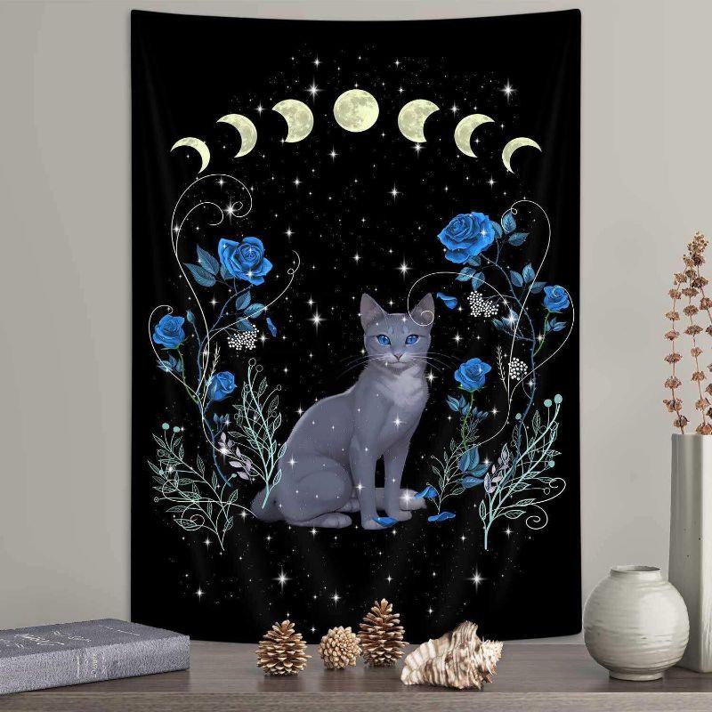 Grey Cat Blue Roses Tapestry Wall Hanging Moon Phases Stars Witchy Aesthetic Wall Art Bedroom Living Room Dorm Decor