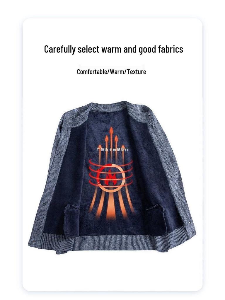 Men's Plus Velvet Knit Cardigan: Warm, Thick Sweater for Middle-aged and Elderly, Perfect for Autumn and Winter