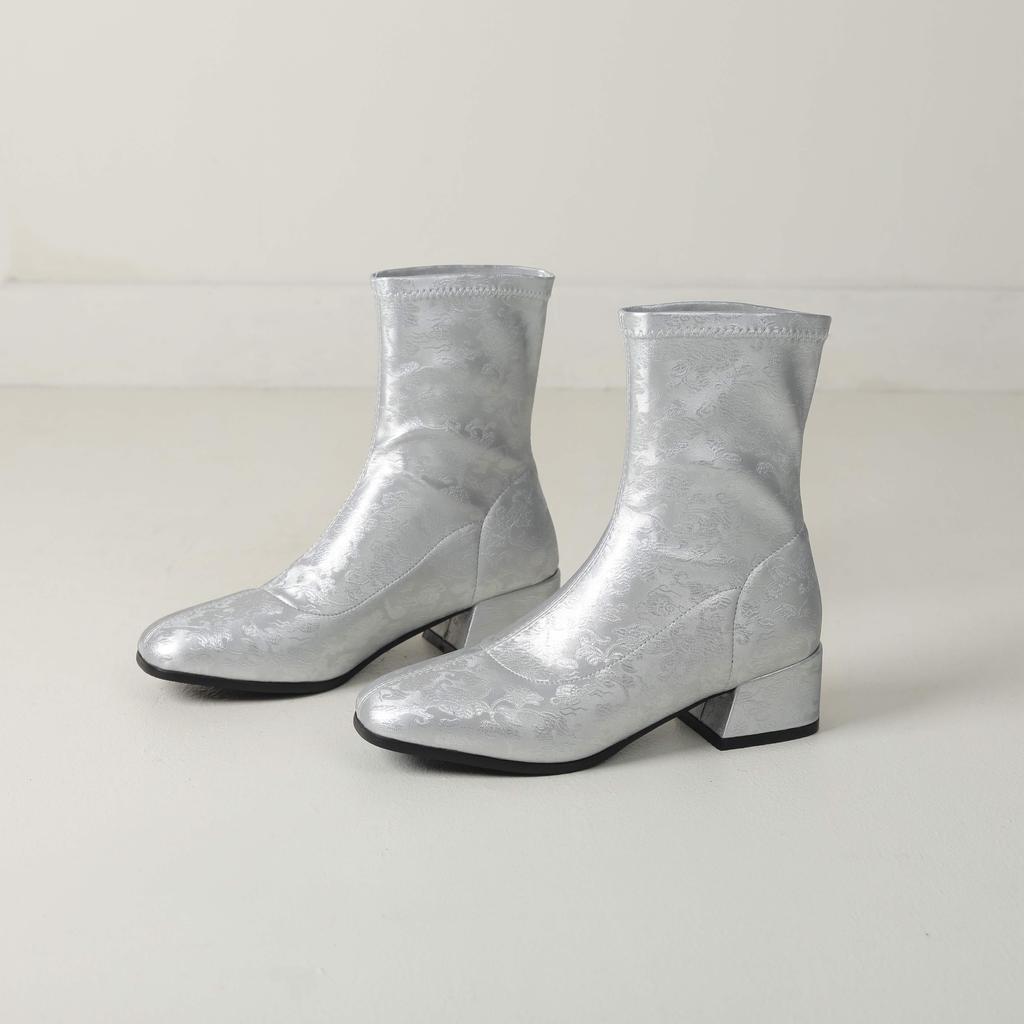 lenkisen PU Autumn Winter Shoes Thick Med Heels Printing Oriental Design Chelsea Boots Keep Warm Fashion Ankle Boots