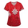 Women's Cute Printed Work Clothes V-neck Double Layer Pockets Basic Short Sleeve Top Pullover Christmas