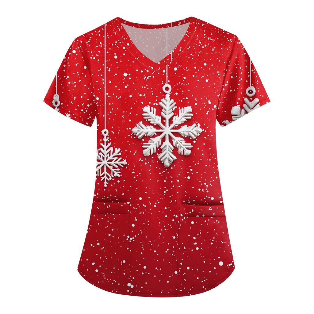 Women's Cute Printed Work Clothes V-neck Double Layer Pockets Basic Short Sleeve Top Pullover Christmas
