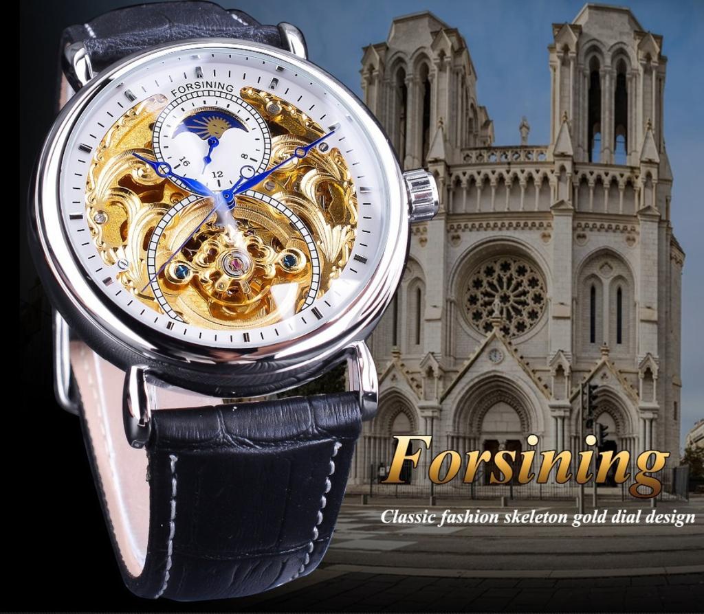 Forsining Men's Fashion Casual Hollow Moon Phase Carved Hollow Automatic Mechanical Watch