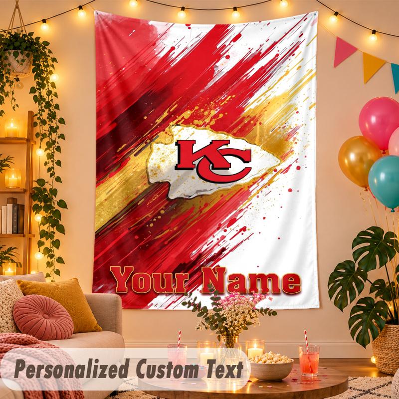 Kansas City Chiefs Personalized Wall Tapestry Custom Name Text Polyester Hanging Decor Home Room