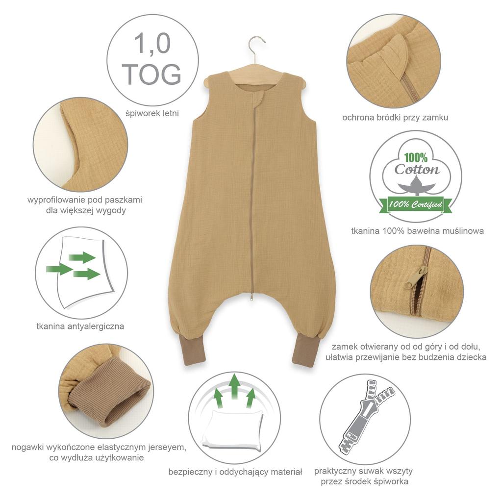 Muslin sleeping bag for children with legs L 9-24 months summer TOG 1.0 - gray