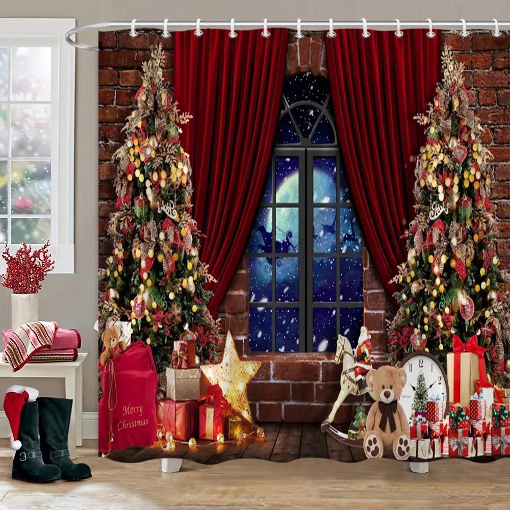 Рождественская вечеринка Занавески для душа Камин Рождественская елка и подарки Снеговик Снежная сцена Моющаяся занавеска для душа Арт Декор для ванной