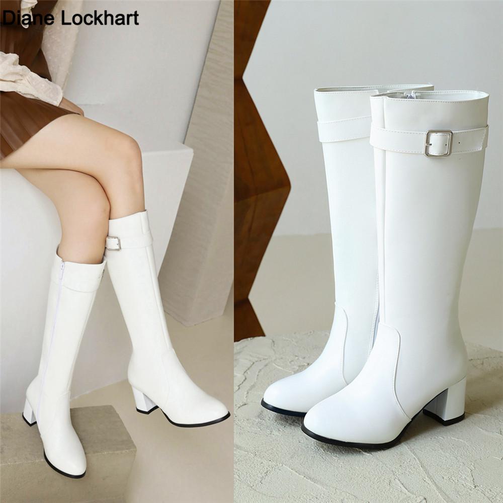 Модные женские ботфорты осенне-зимняя обувь черные белые средний каблук пряжка длинные ботильоны ботфорты до бедра женская обувь размер 33-43